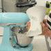 Animated demonstration: attaching the Countess Flour Funnel to a stand mixer, then pouring flour through it into the bowl