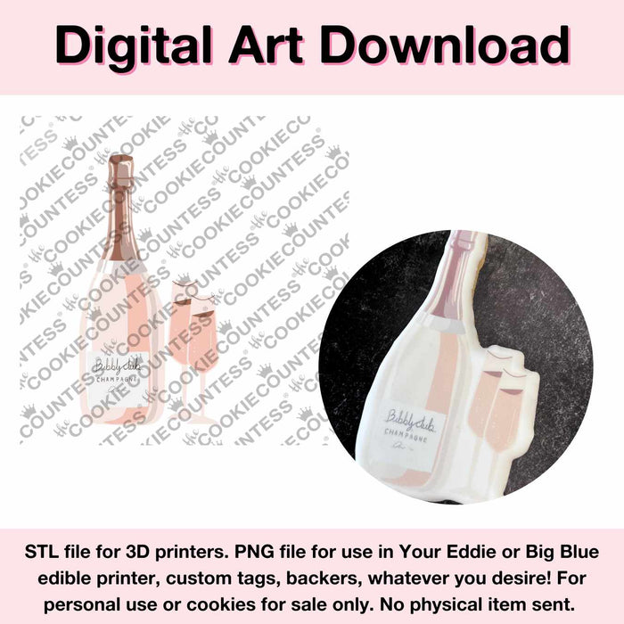 The Cookie Countess Digital Art Download STL Cutter File AND PNG Art File Champagne Bottle and glasses - Digital Download, Cutter and/or Artwork