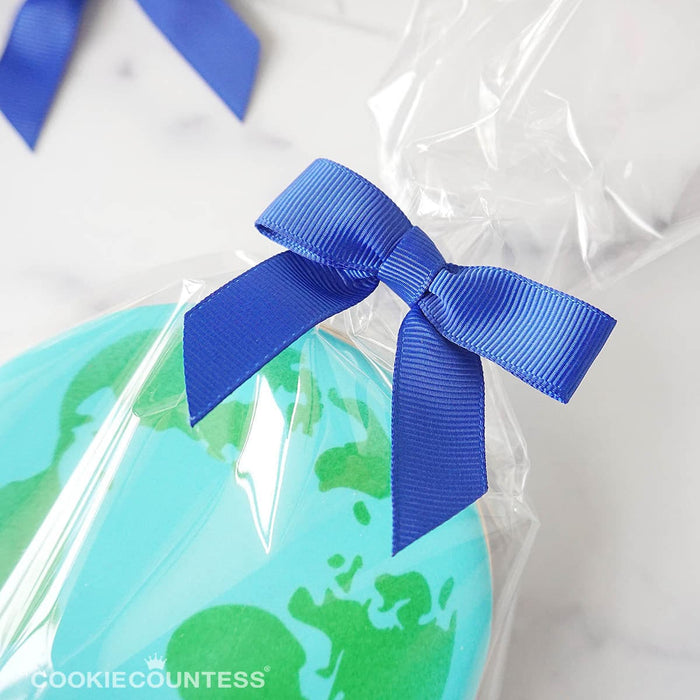 The Cookie Countess Packaging Pre-tied Grosgrain Bow with Clear Twist Tie: Cobalt Blue