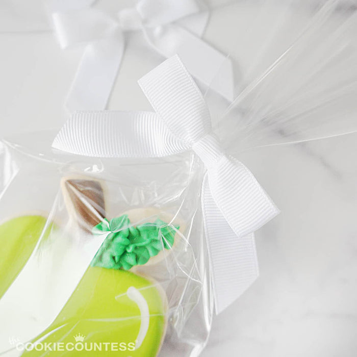 The Cookie Countess Packaging Pre-tied Grosgrain Bows with Wire Twist Tie: White