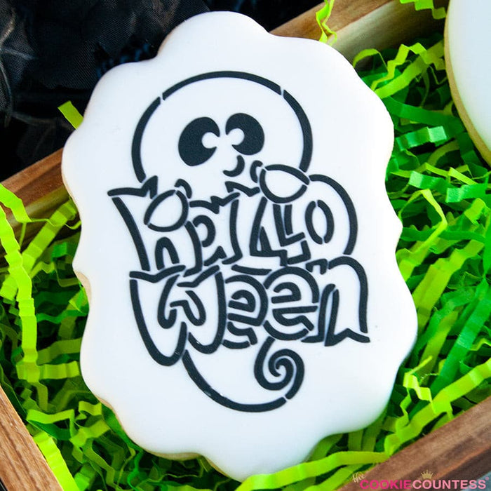 The Cookie Countess PYO Stencil Ghost Holding Halloween Sign Stencil - Drawn by Krista