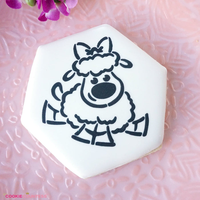 The Cookie Countess PYO Stencil Sitting Lamb with Bow Stencil - Drawn by Krista