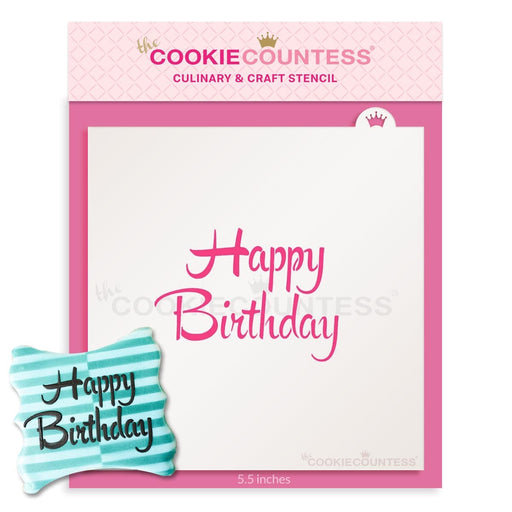 The Cookie Countess Stencil Brush Script Happy Birthday Stencil