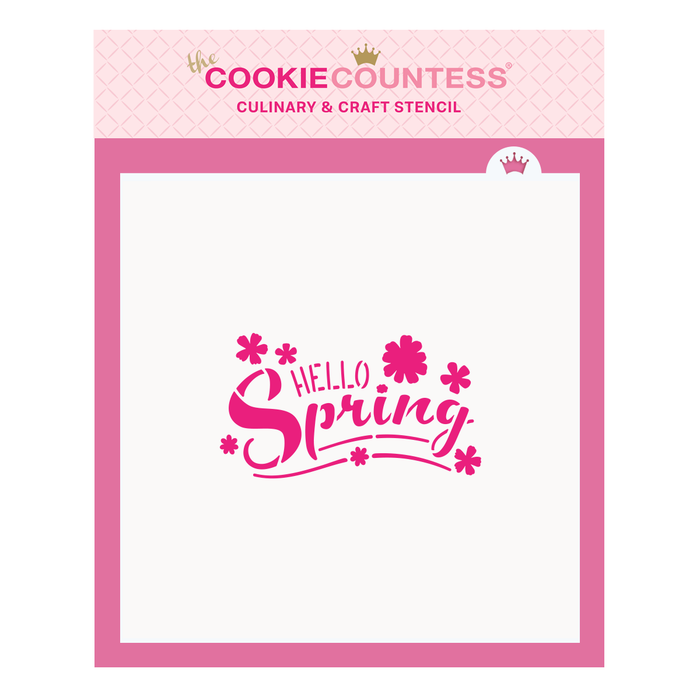 The Cookie Countess Stencil Hello Spring with Flowers Stencil